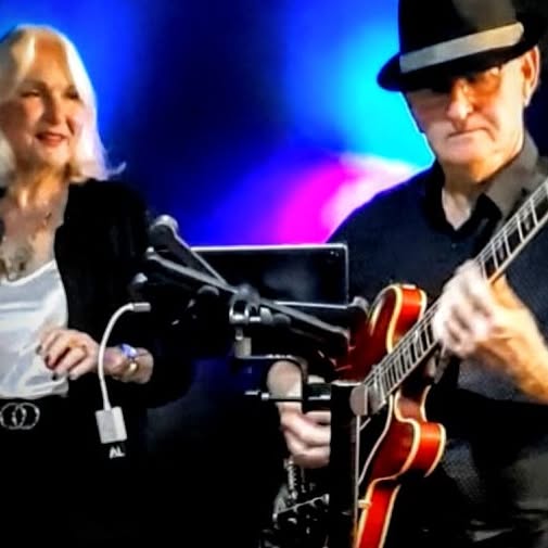 Ann, with blonde hair and a black jacket, smiles beside a microphone while Allen, in a black hat and glasses, plays a red semi-hollow electric guitar under blue and pink stage light.